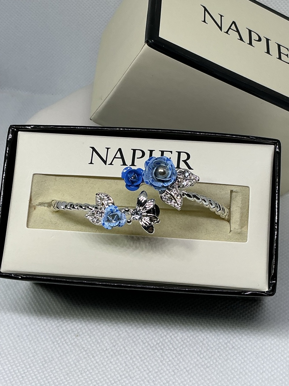 Napier Bypass Bangle Bracelet Blue Enamel Roses, Rhinestone Leaves"